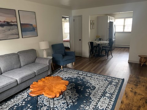 A living room with a grey couch, a blue chair, and a wooden coffee table.