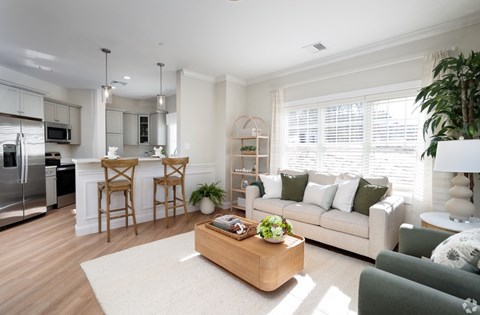 A modern kitchen with a breakfast bar and a living room with a couch.