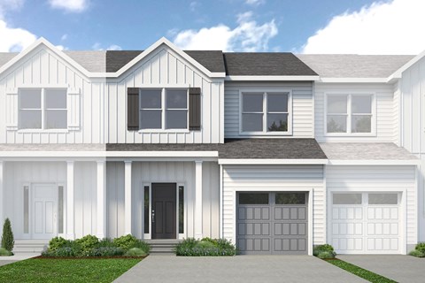 A white house with a black door and windows.