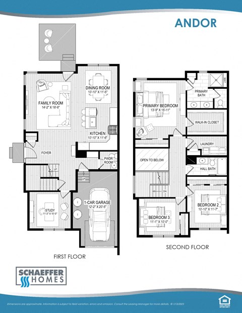 A floor plan for a home by Schaeffers Homes shows a first and second floor layout.