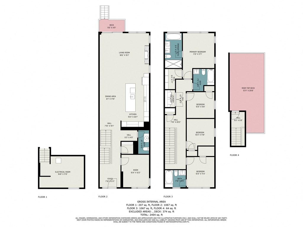 A floor plan of a building with three floors, each with a different layout of rooms.