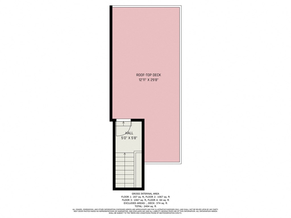 A diagram shows a roof top deck with dimensions and a floor plan with a kitchen area.