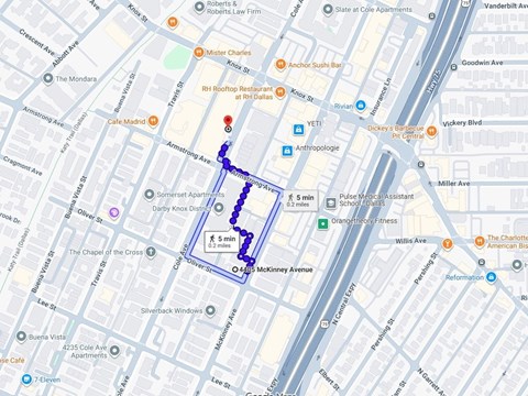 A map with a blue highlighted area and a red pin.