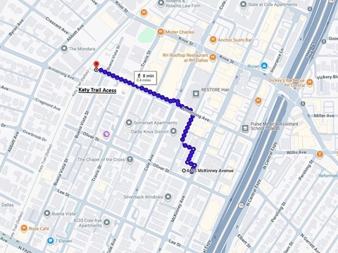 A map with a blue line indicating a route from Katy Trail Access to McKinney Avenue.