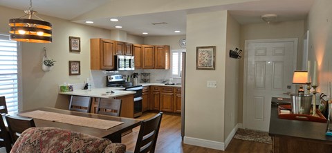 A kitchen with a table and chairs in the foreground and a counter top with a plant on it.