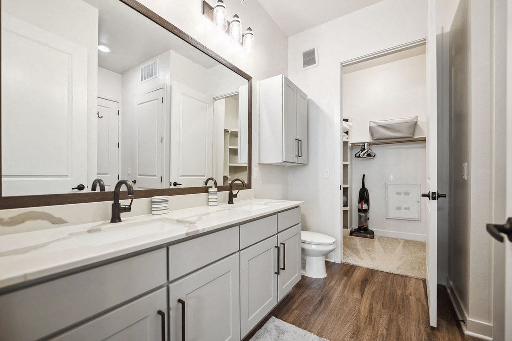 A bathroom with a white vanity and a mirror above it.
