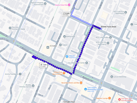 A map with a blue line and a series of purple dots.