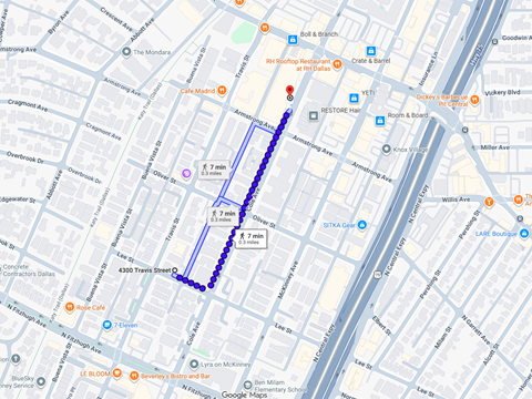 A map with a blue line and dots on it.