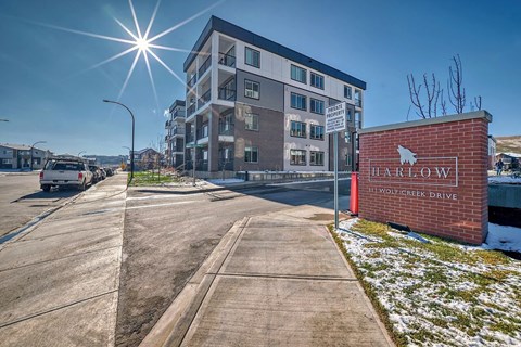 A sunny day at Wolf Creek Drive with a building in the background.
