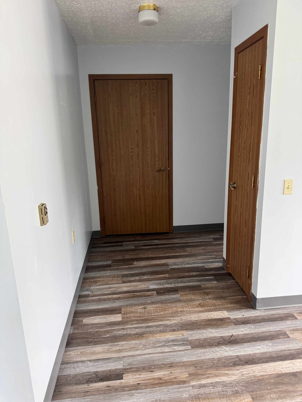 A hallway with a wooden floor and two doors.