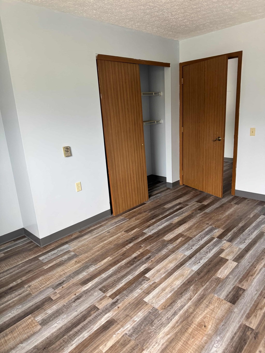 A room with a wooden floor and two wooden doors.