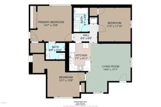A floor plan of a home with a living room, kitchen, and three bedrooms.