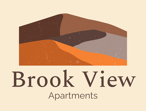 A logo for Brook View Apartments featuring a stylized mountain.