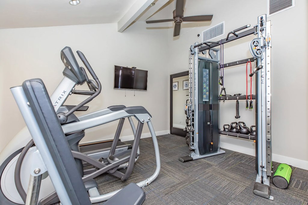 A home gym with a treadmill, weights, and exercise equipment.