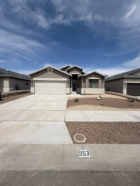A residential area with houses and a driveway in front of them.
