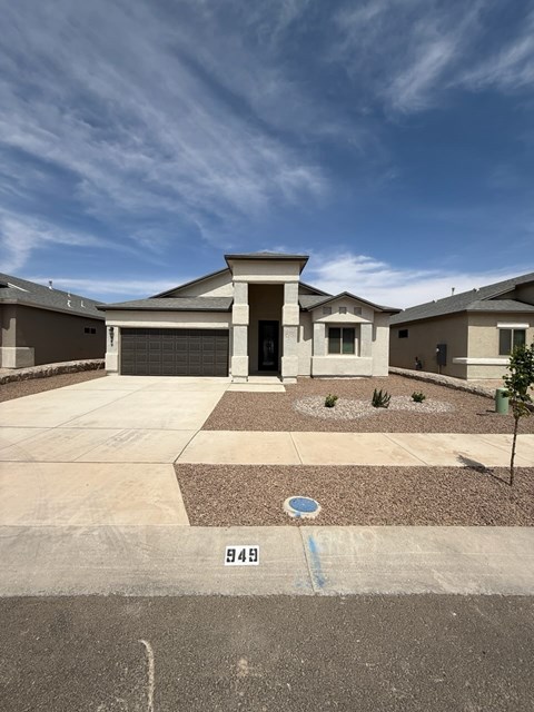 A house with a driveway and a small tree in front.