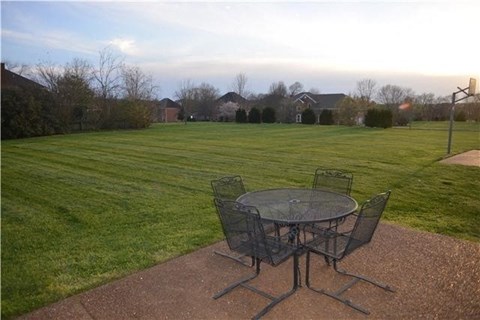 A table and chairs set on a patio with a lawn and houses in the background.