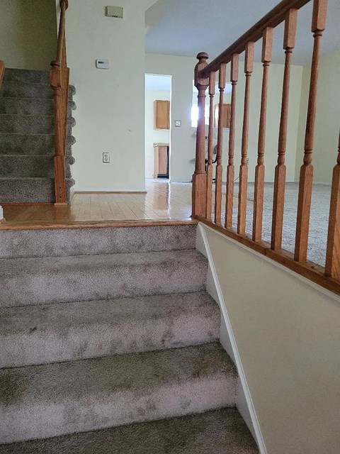 A staircase with a carpeted runner and wooden banister.