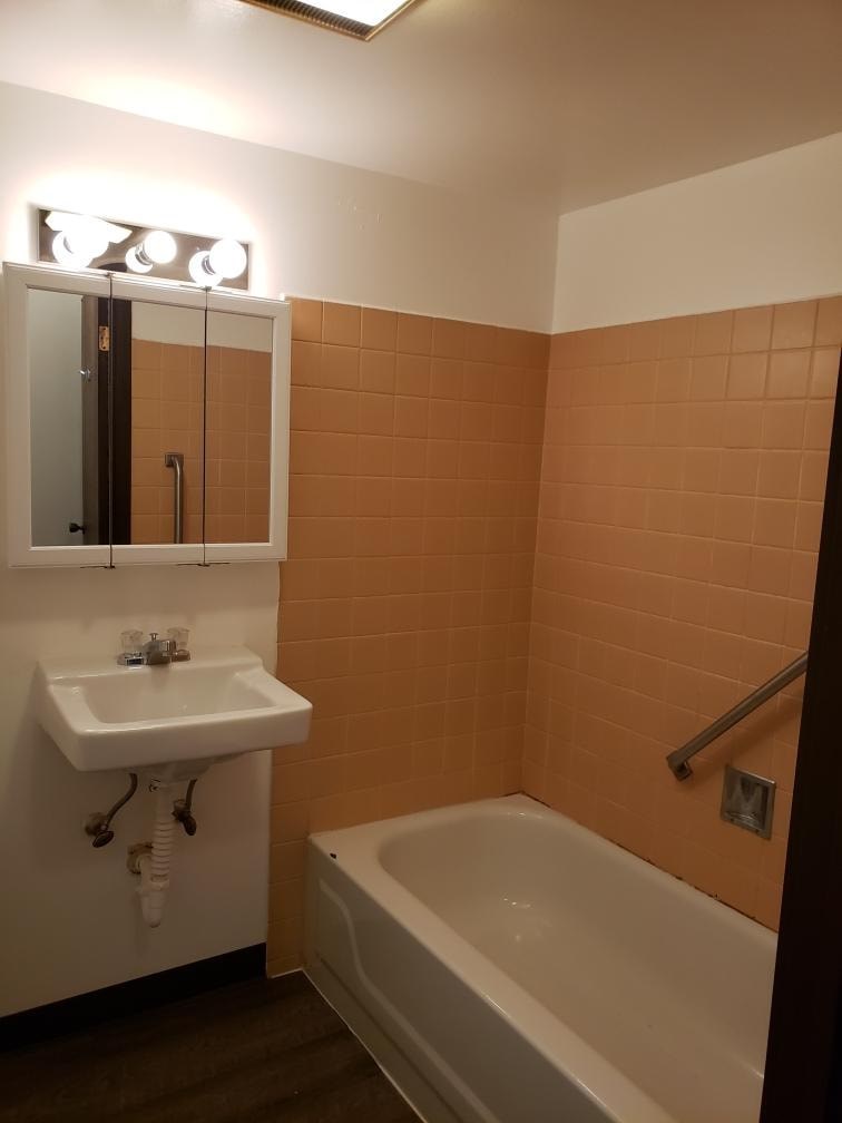 A bathroom with a white sink and a bathtub.