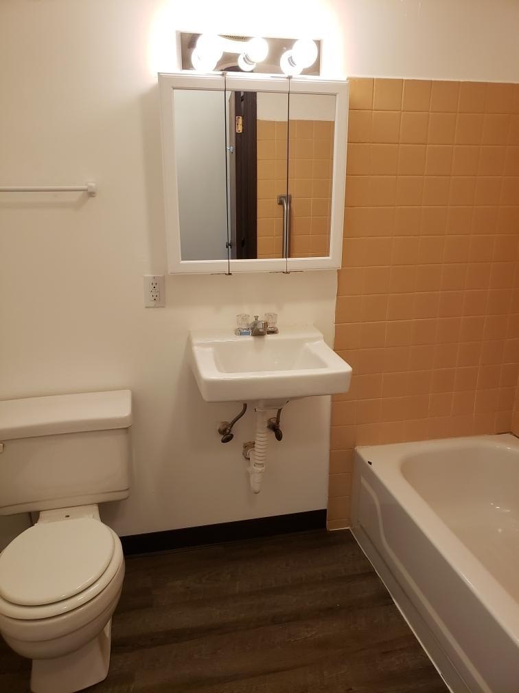 A white toilet sits next to a sink in a bathroom.