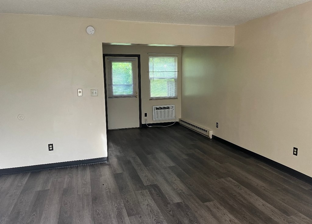 A room with a door, window, and a radiator on the floor.