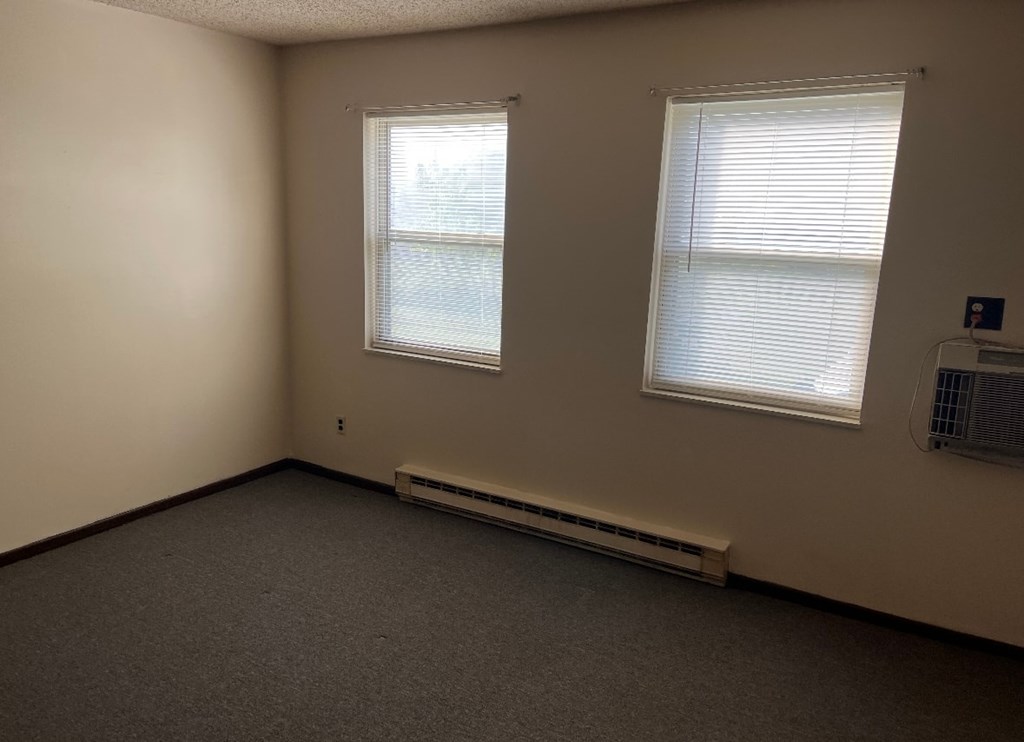 A room with two windows and a radiator on the wall.
