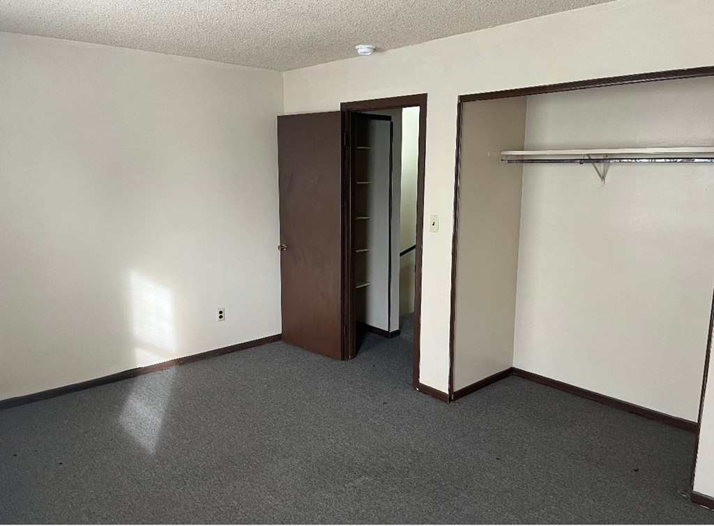 A room with a brown door and a grey carpet.