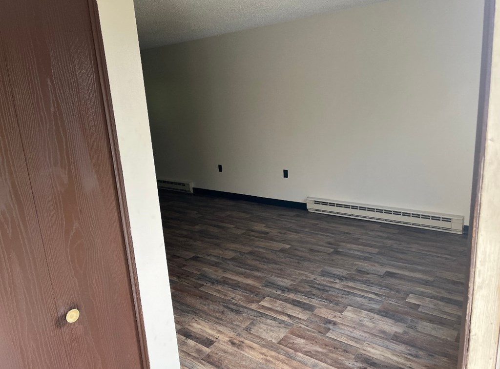 A room with a wooden floor and a white wall with a heater underneath it.