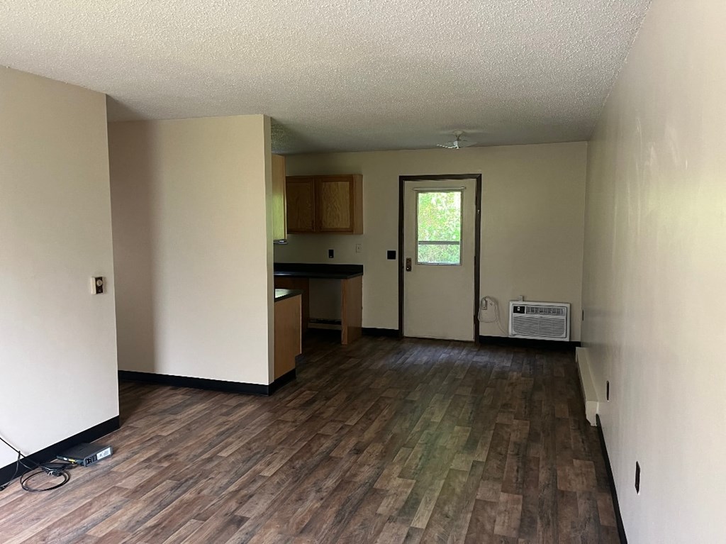 A room with wooden flooring and a door leading to a backyard.