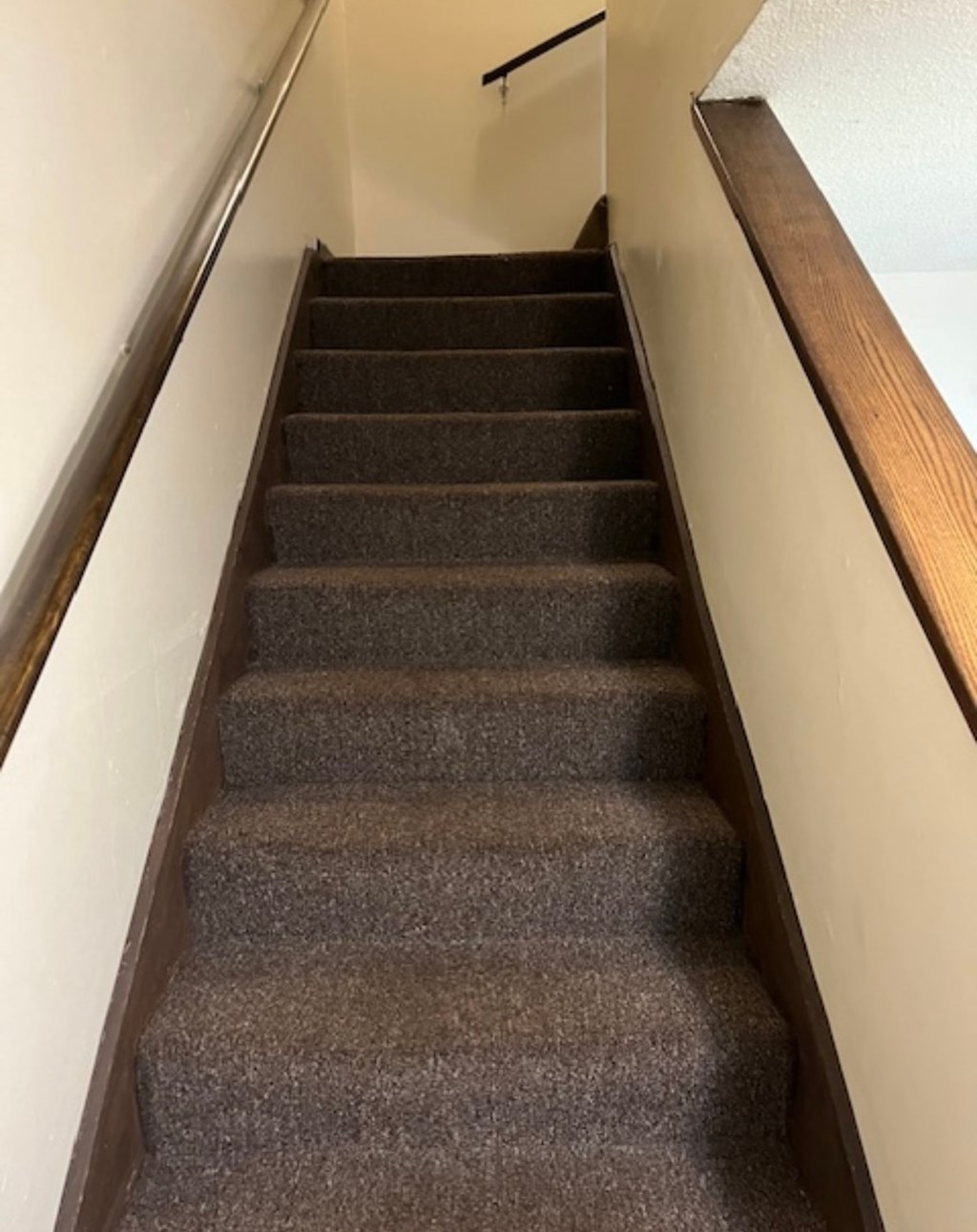 A staircase with a carpeted runner and wooden handrails.