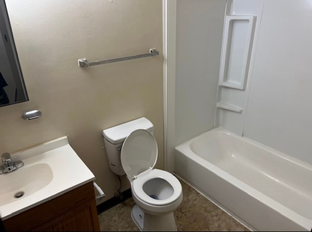 A white toilet sits next to a sink in a bathroom.