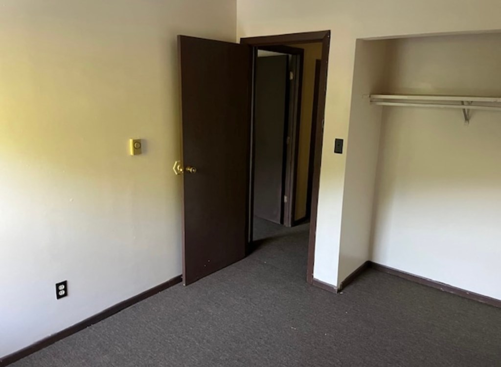 A room with a brown door and a grey carpet.