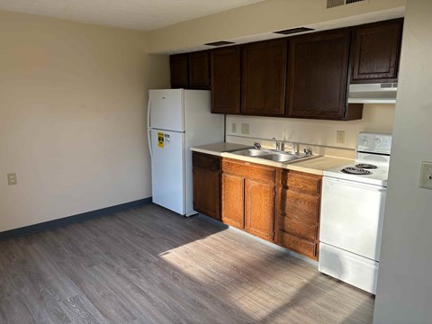 A kitchen with a white fridge, white stove, and wooden cabinets.