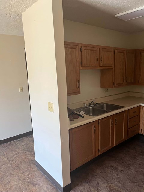 A kitchen with wooden cabinets and a sink.