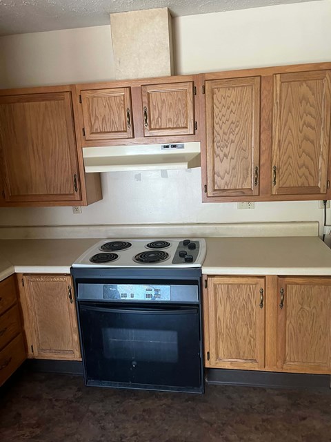 A black oven sits under a white range hood in a kitchen with wooden cabinets.