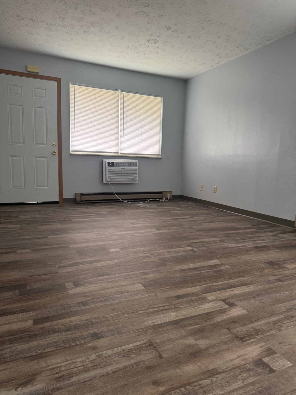 A room with a wooden floor and a window with blinds.
