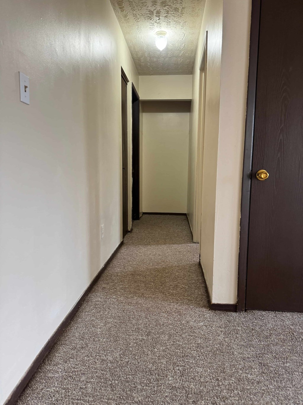 A long hallway with a carpeted floor and a door on the right.