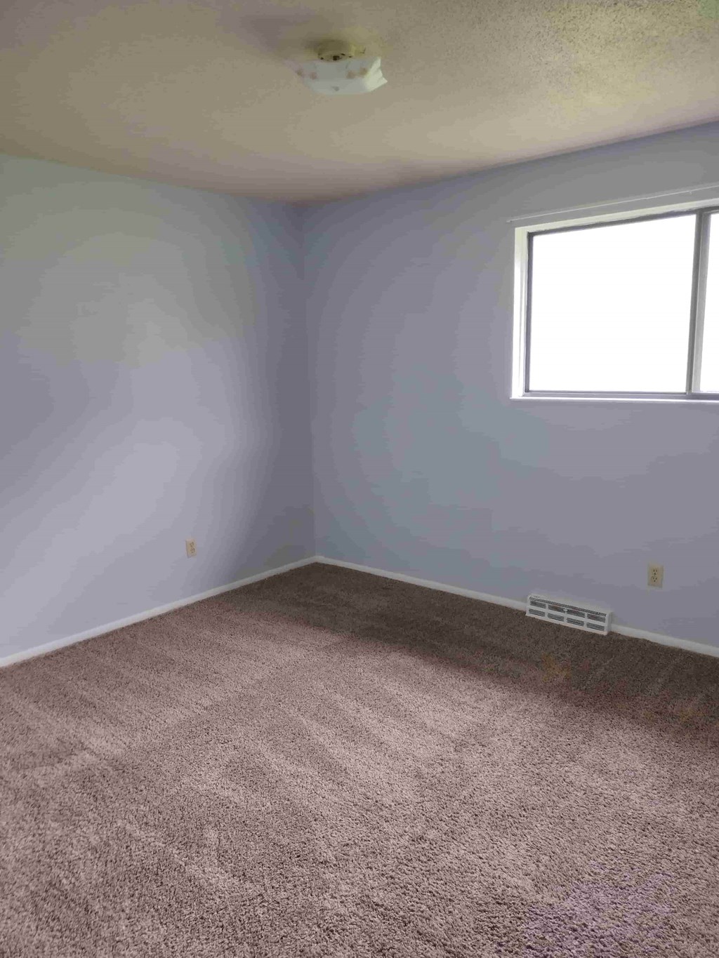 A room with a window and a carpet on the floor.