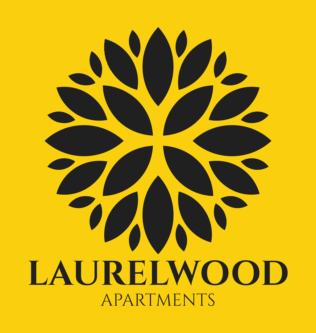 A logo for Laurelwood Apartments featuring a black floral design on a yellow background.
