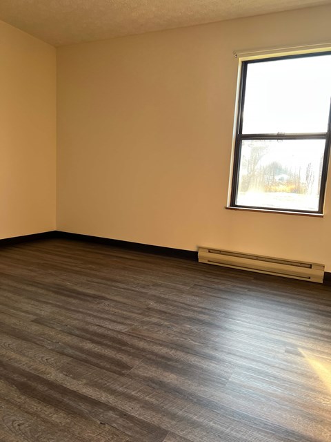 A room with a window and a radiator on the floor.
