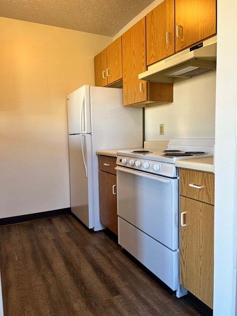 A kitchen with a white refrigerator, white oven, and wooden cabinets.