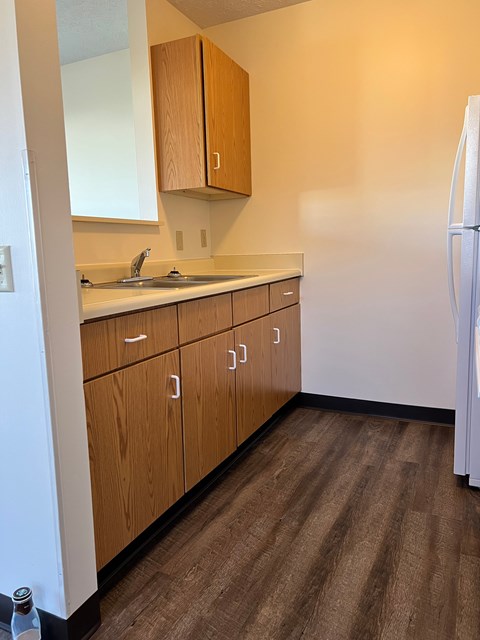 A kitchen with wooden cabinets and a white fridge.