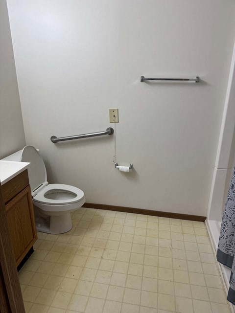 A white toilet in a small bathroom with a grab bar.