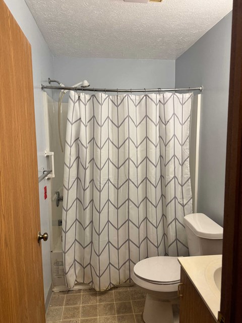 A white toilet sits in a bathroom with a shower curtain and a wooden door.