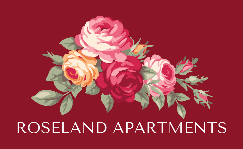 A logo for Roseland Apartments featuring a bouquet of roses.