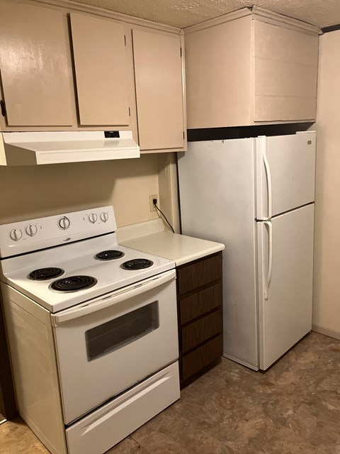 A white stove and refrigerator in a kitchen.