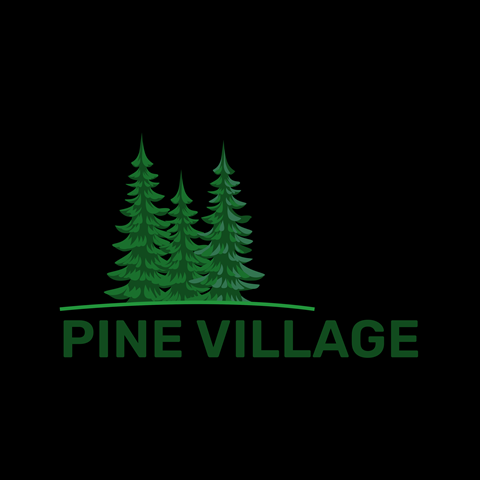 A logo with the text "Pine Village" and three stylized pine trees.