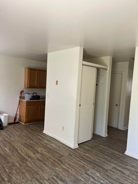 A room with a white door and a brown cabinet.