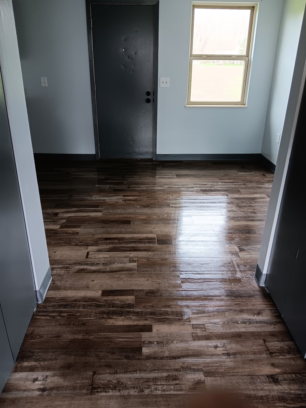 A room with a wooden floor and a door.
