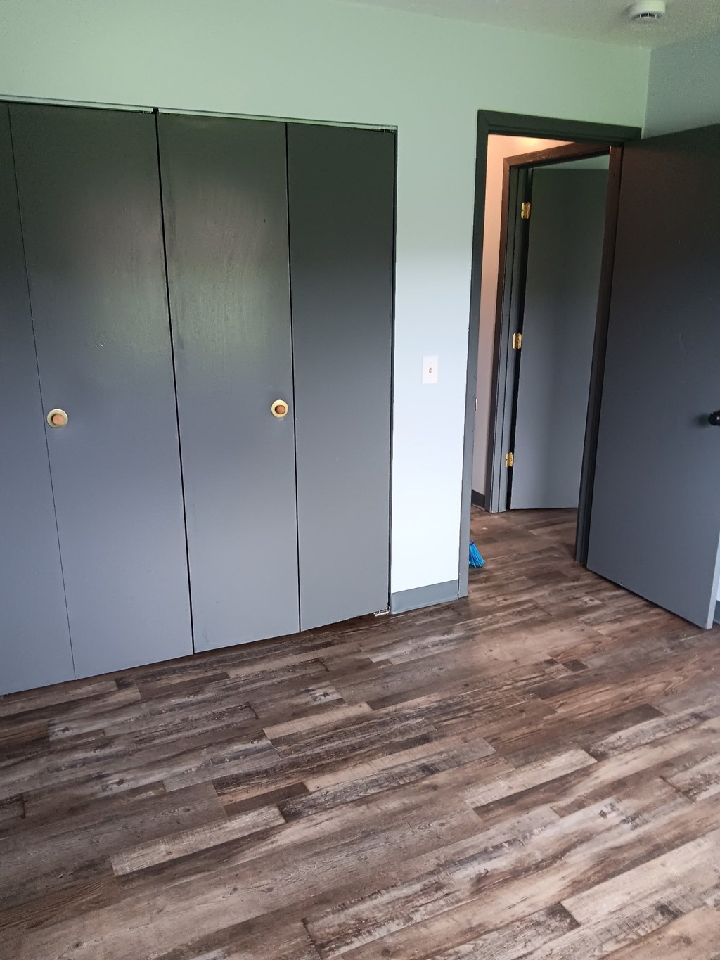 Three doors with handles are closed and one is open.